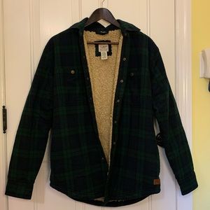 LLBean Sherpa Lined Plaid Shirt Jacket Black Watch